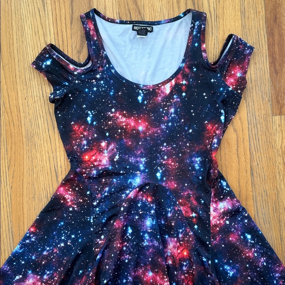 Hot Topic Galaxy Cold-Shoulder Dress - Navy, Pink, Blue - Picture 2 of 5